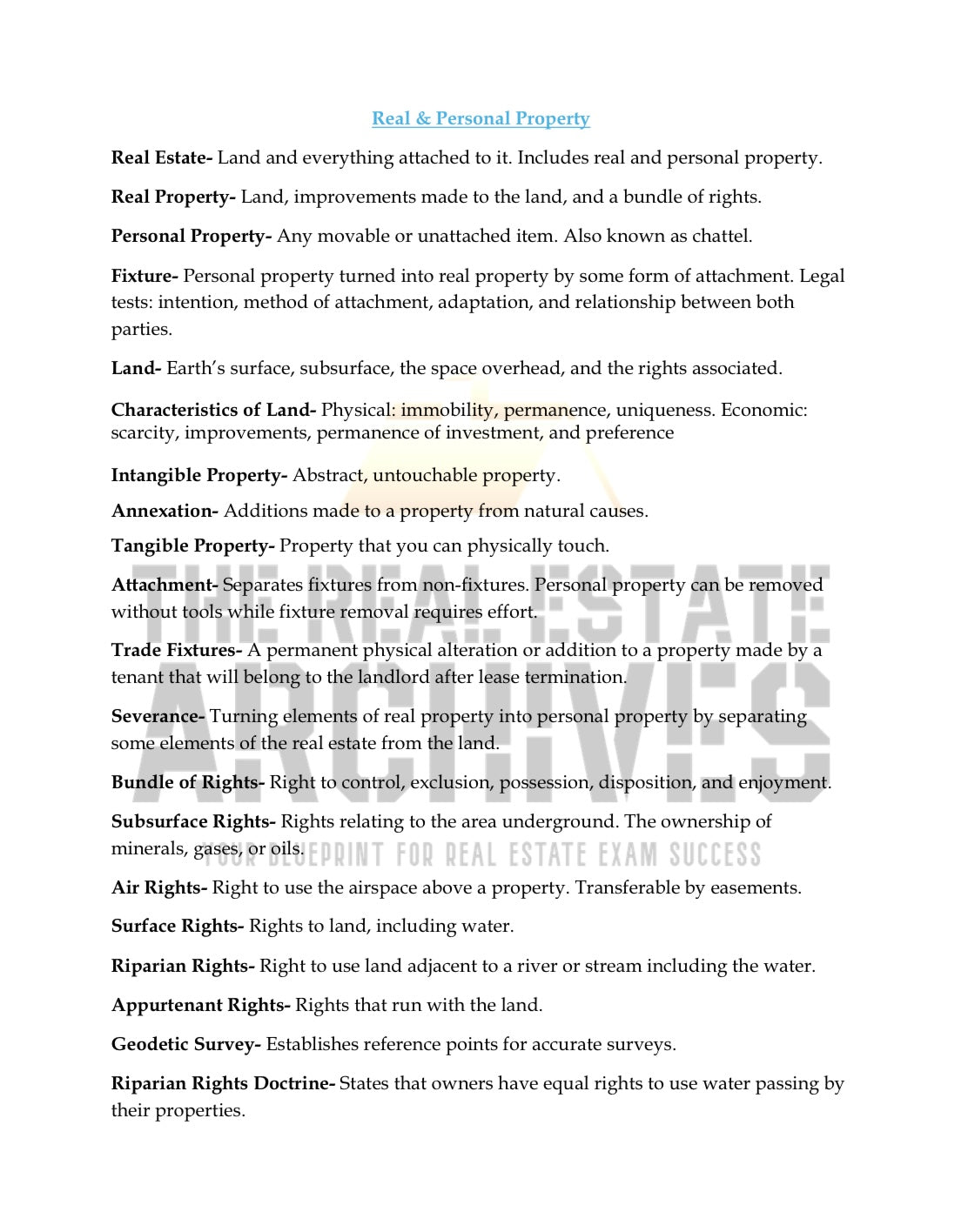 National Real Estate Exam "Cheat Sheet" (English)